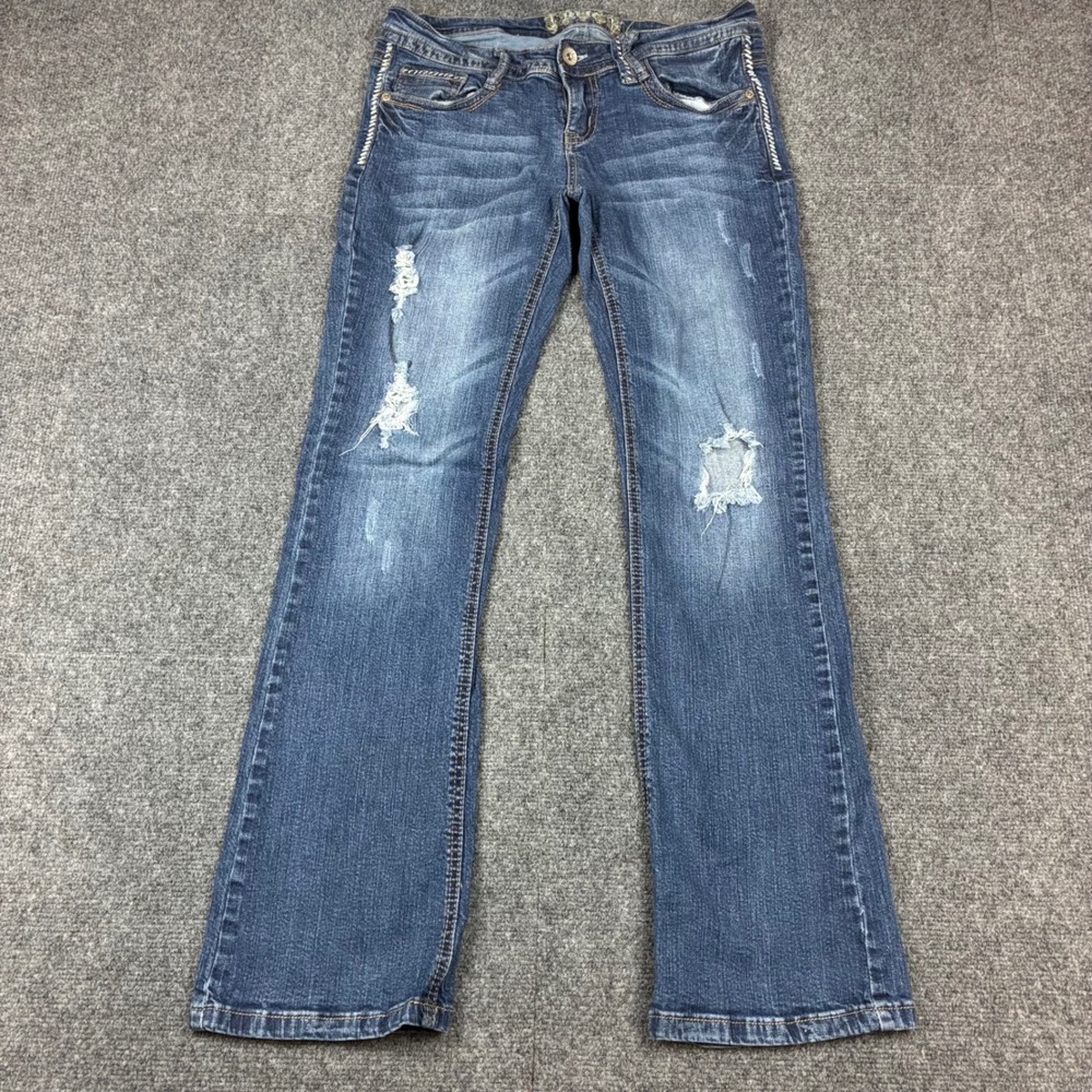 Truce Jeans Womens 11 Medium Wash Distressed Bootcut Low Rise Denim Blue Y2K